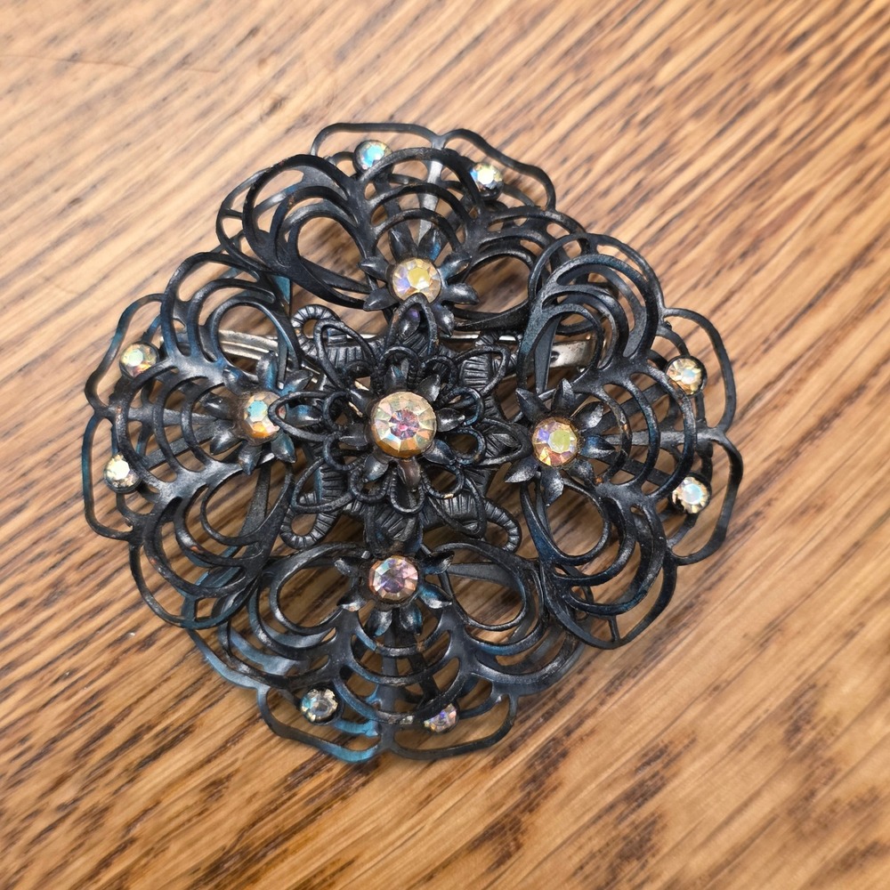 Vintage Style Black Filigree Brooch Aurora Borealis Rhinestone Floral Pin 2.25in